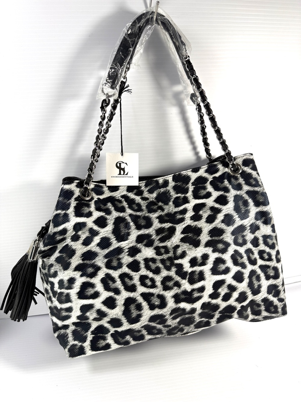Snob Essentials Black and White Leopard Print Chain Shoulder Bag